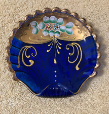 Vintage Bohemian Czech Cobalt Blue Glass 24K Gold Accent Seashell Trinket Dish picture
