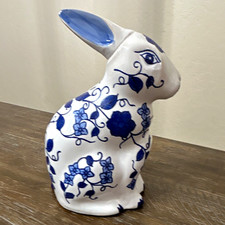 Mikasa Home Accents Blue White Floral Ceramic Rabbit Bunny Figurine 10” picture