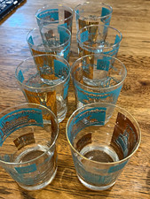 Libbey MCM Set of 8 Drinking Glasses Blue & Gold Decor Steamboat Pattern Round picture