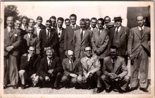 Vtg B&W Snapshot Large Group Men Suits Ties Boater Hat Outdoor 1940s picture