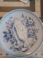 Praying Hands Vintage Religious Prayer Porcelain Decorative Blue Plate 7.75'' picture