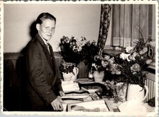 Vtg B&W Snapshot Young Man Suit Flowers Table Gifts Confirmation 1940s picture