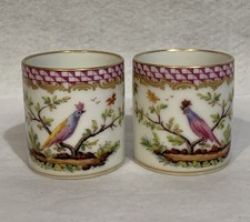2 Antique Porcelain Coffee Can Cups Handpainted Birds Pink Lattice Sevre Style picture