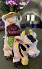 Vintage Figurine Oriental Man Riding Milk Cow  Ceramic Glazed picture