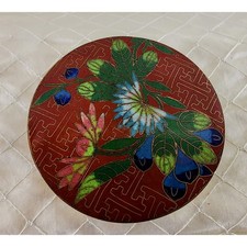 Vintage Chinese Cloisonne Enamel Brass Round Trinket Jewelry Box Floral 3