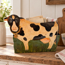 Vintage Hand Painted Metal Cow Storage Bin Folk Art Farmhouse Kitchen Decor 11