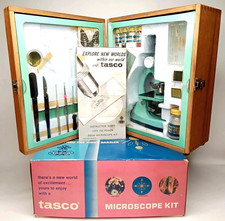 Vintage 1970s Tasco #972 Microscope Kit With Original Box Wood Case & Manual picture