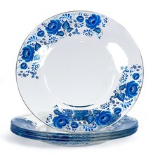 Gzhel Style Salad Plate Set of 4 - Blue Flowers Glass Dessert Plate Set 8