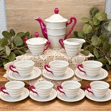 Vintage Japanese Art Deco Porcelain Tea Raspberry Pink with Gold Trim 19 Pieces picture