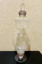 VTG Clear Glass Apothecary Jar-Silver Rhinestone accents Lid Pedestal Base 16” picture