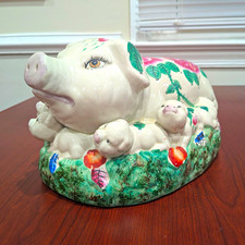 Vintage Italian Majolica Ceramic Pig & Piglets Figurine - Excellent Condition picture
