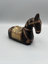 Vintage Armored Hand Carved Horse Wood with Brass & Copper Inlay Bookend picture