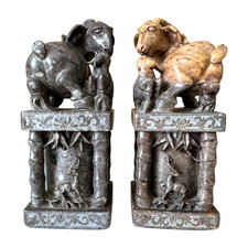 Antique Chinese Hand Carved Soapstone Seal Stamps Figure Pair - Animal Finials picture