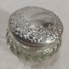 Vtg Empty Houbigant Perfume Vanity Clear Glass Jar  & Silvertone Repousse Lid picture