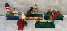 5 Vintage Cast Iron Reproduction Coin Banks Nicely Painted and Decorated picture
