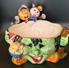 Vintage WCL Halloween Ceramic Witch Cauldron Candy Bowl 3D Cat Mouse Gold Trim picture
