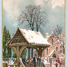 Vtg 1880s Christmas Xmas Poem Trade Card Church Lychgate Winter Snow Street Car picture