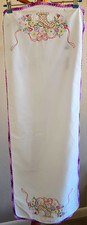 Vintage Hand Embroidered Table Runner Floral Basket Purple Crochet Trim 15x42 picture