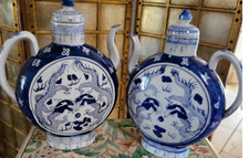 1980s PAIR OF VINTAGE BLUE AND WHITE CHINESE WINE JARS  EACH 12” TALL 10” W picture