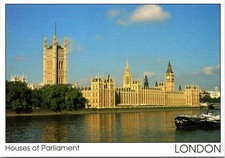Vintage Postcard London England Houses of Parliament Clock Tower Boat on Water picture