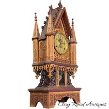 Antique Victorian Gothic Revival Cathedral Shelf Clock Carved & display case picture
