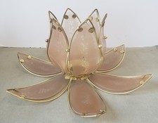 Vintage TWO PIECE Brass Lotus Lamp Blush Glass Petal Shade Etched Floral  picture