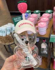 Starbucks Bear Glass Tumbler with Straw Cute Teddy Bear Drinking Cup Pink picture