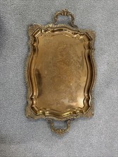 Vtg Egyptian Revival Lrg Etched Pharaohs Fishing Hieroglyphs Brass Serving Tray picture