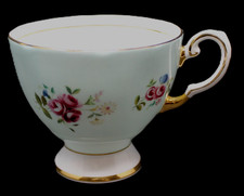 Royal Chelsea England Footed Tea Cup Teal Blue Bone China Pink Roses Gold Trim picture
