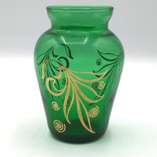 Anchor Hocking Green Mini Glass Vase Gold Trim picture