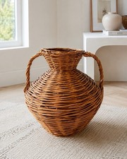 Vintage Braided Wicker Vase French MCM Mid-Century 12” W X 19”H Patina Handwoven picture