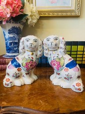 Large Pair Staffordshire Style Tobacco Leaf Porcelain Dogs picture