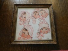 Vtg RARE DIONNE Quints QUINTUPLETS Framed Signed Art Print Babies Pink Bonnets picture