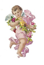 1888 Antique Chromo, PRETTY PINK SILK TIES CHERUB, Victorian Die-Cut Scrap, 5