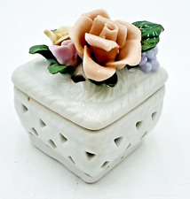 Vintage Trinket Box Porcelain Floral Jewelry Holder Figurines Granny Chic picture