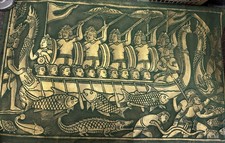 Vintage Cambodian Temple Rubbing Embossed  Gold On Green Papyrus/Ceremonial Boat picture
