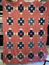 Vtg Antique 19th C. Churn Dash Pink Indigo Calico Quilt Top Hand Stitched 67x83 picture