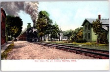 ANTIQUE ERIE TRAIN NO 24 LEAVING WARREN OHIO STEAM LOCOMOTIVE ~ POSTCARD PZ picture