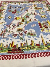 Vintage New York City Cotton Tablecloth 50s 60s Souvenir Map Landmarks picture