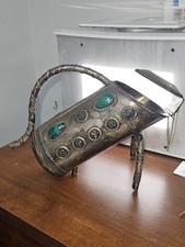 Vintage Bezalel Israeli Silver Wine Bottle Cradle Set With Eilat Stones picture