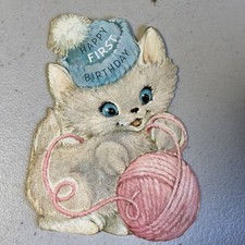 Vtg Birthday Card Kitten Hallmark Diecut Number One Year Flocked White Kitten picture