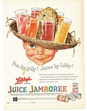 1958 Libby's Juice Vintage Print Ad Starburst Glassware Boy Wearing Straw Hat picture