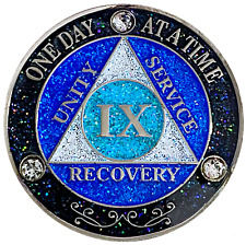 AA 9 Year Crystals & Glitter Medallion, Silver, Blue Color & 3 Crystals picture