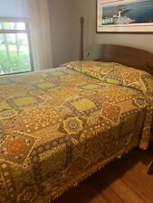 VTG Bates Bedspread Queen 70’s Retro Boho Floral Fringe Brown Green Yellow USA picture