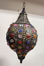 VTG. MIDCENTURY MOROCCAN JEWELED BRASS HANGING LAMP – BOHO CHIC SWAG LIGHT 1960S picture