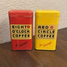 2 Vintage Coffee Bank Tins Eight O’clock Red Circle Litho Advertising Coin picture
