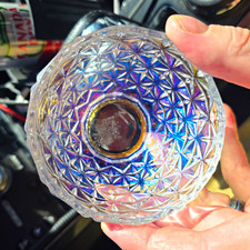Iridescent Carnival Glass Rainbow Shimmer Small Round Trinket Jar GLOWS BLUE picture