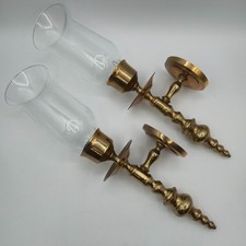 Vintage Solid Brass Wall Sconces Pair Glass Hurricane Candle Holders GATCO 16 in picture