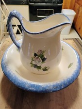 Pitcher And Wash Basin Bowl - Vintage Set with Roses and Blue Trim picture