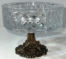 VTG Diamond Thick Cut Glass Raised Brass Pedestal Footed Ashtray Candy Dish Bowl picture